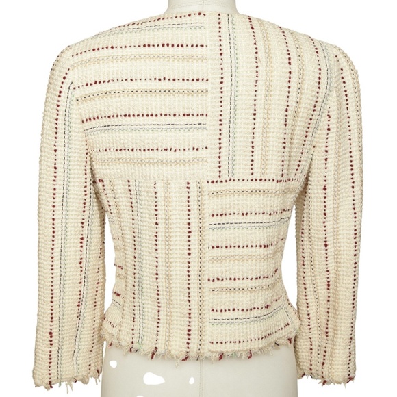 CHANEL Striped Tweed Jacket Blazer Ivory Cropped 3/4 Sleeve Chain Sz XS VINTAGE - Picture 2 of 9